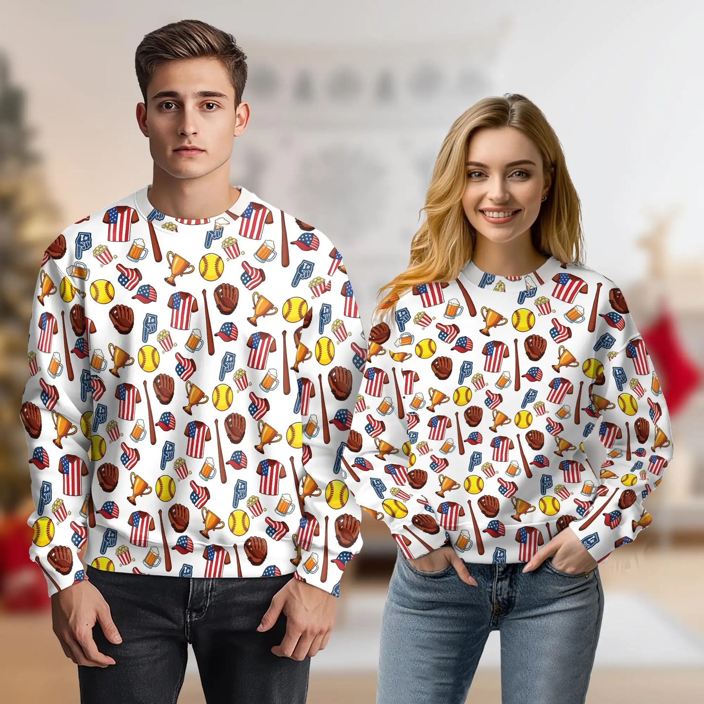 Baseball Cartoon Pattern Sweatshirt, 3D All Over Print Funny Baseball Sports Crewneck Pullover for Men Women, Baseball Lover Gift - Netecom