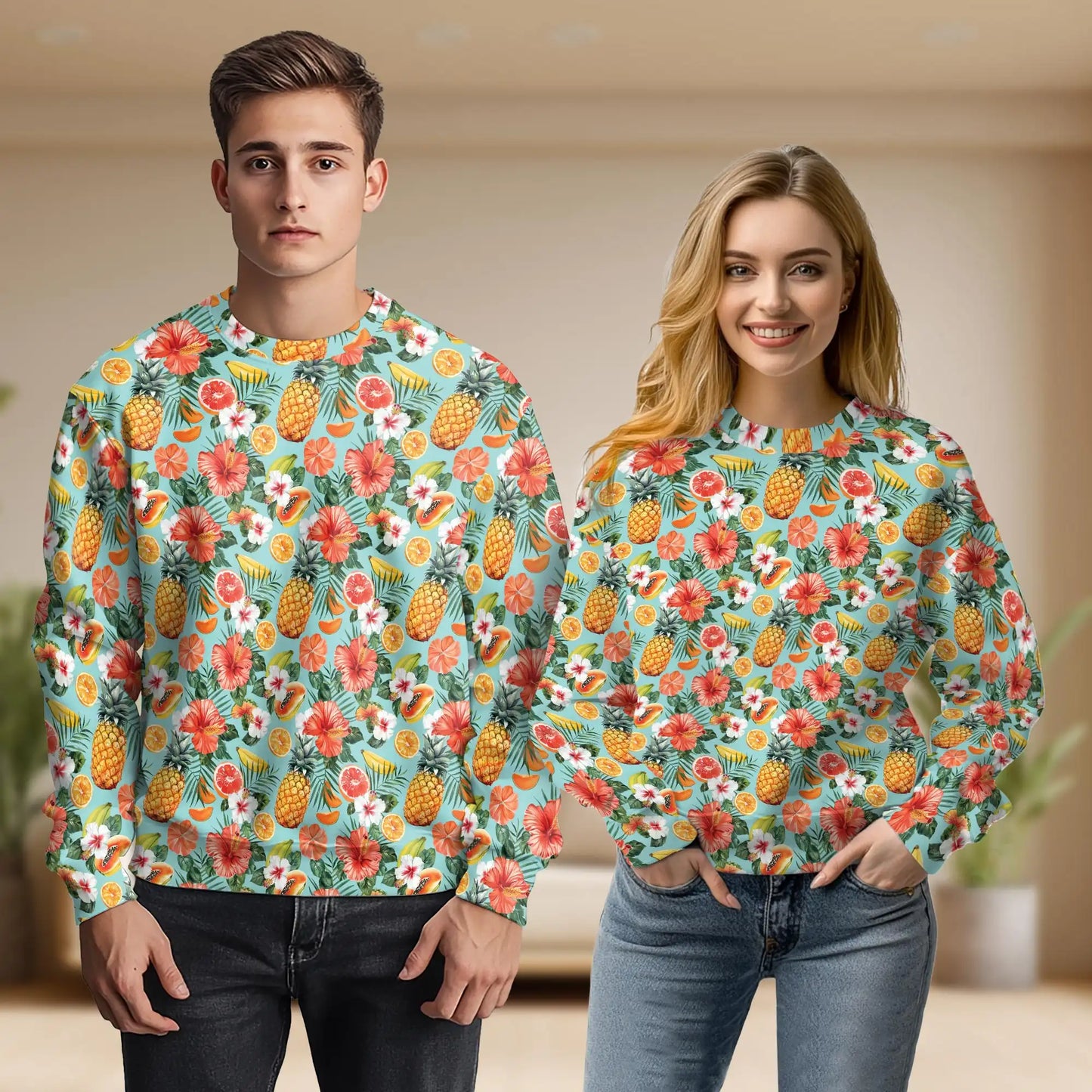 Tropical Fruits Pattern Sweatshirt, 3D All Over Print Colorful Fruit Crewneck Pullover for Men Women, Tropical Fruit Lover Gift - Netecom