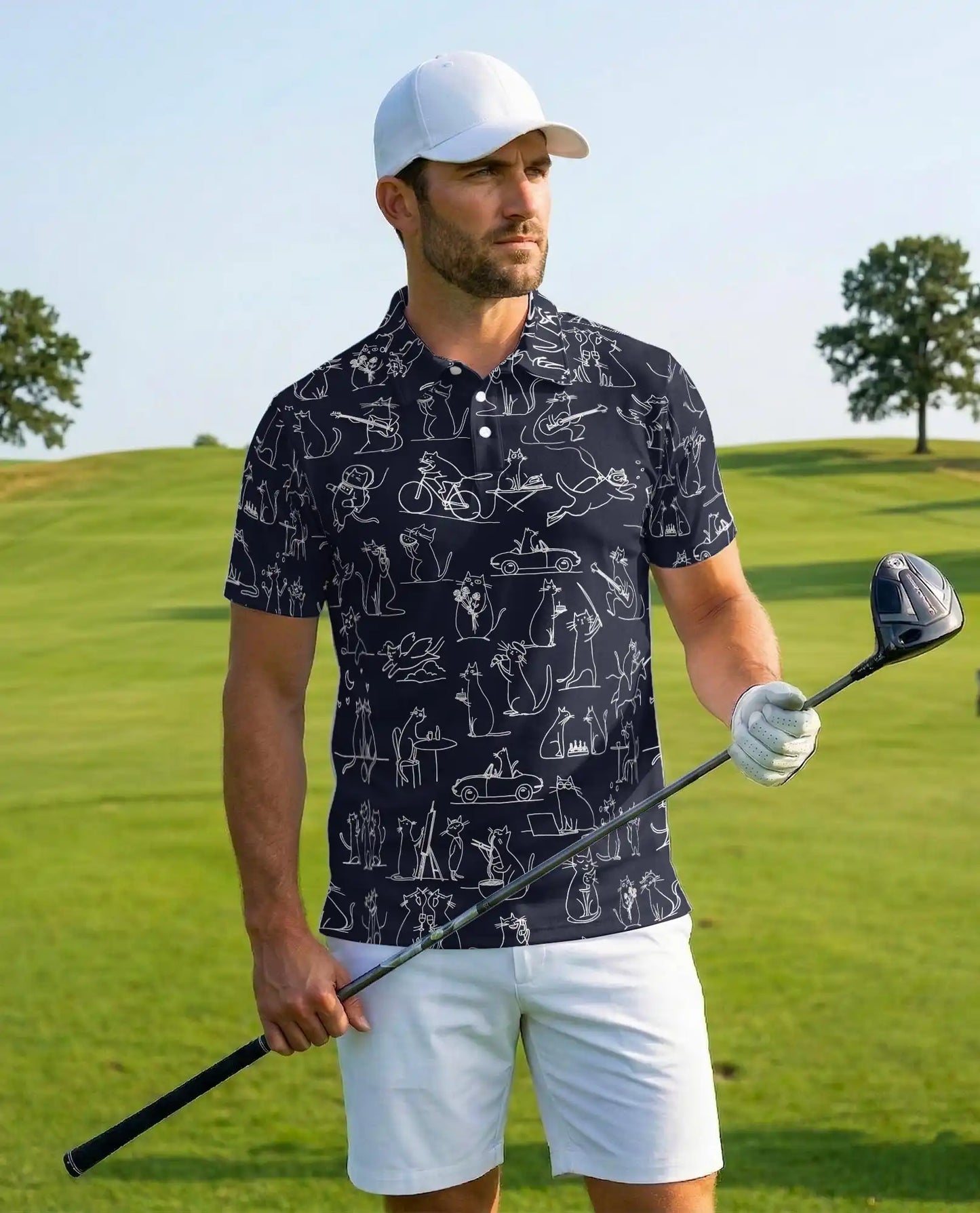 Funny Cat Doodle Polo Shirt - Whimsical Feline Sketch Style | Netecom