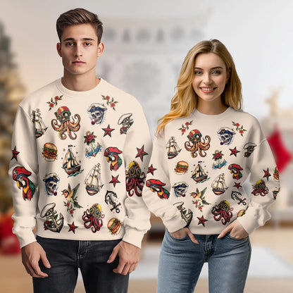 Summer Tattoos Sweatshirt, 3D All Over Print Tattoo Art Crewneck Pullover for Men Women, Tattoo Lover Gift - Netecom