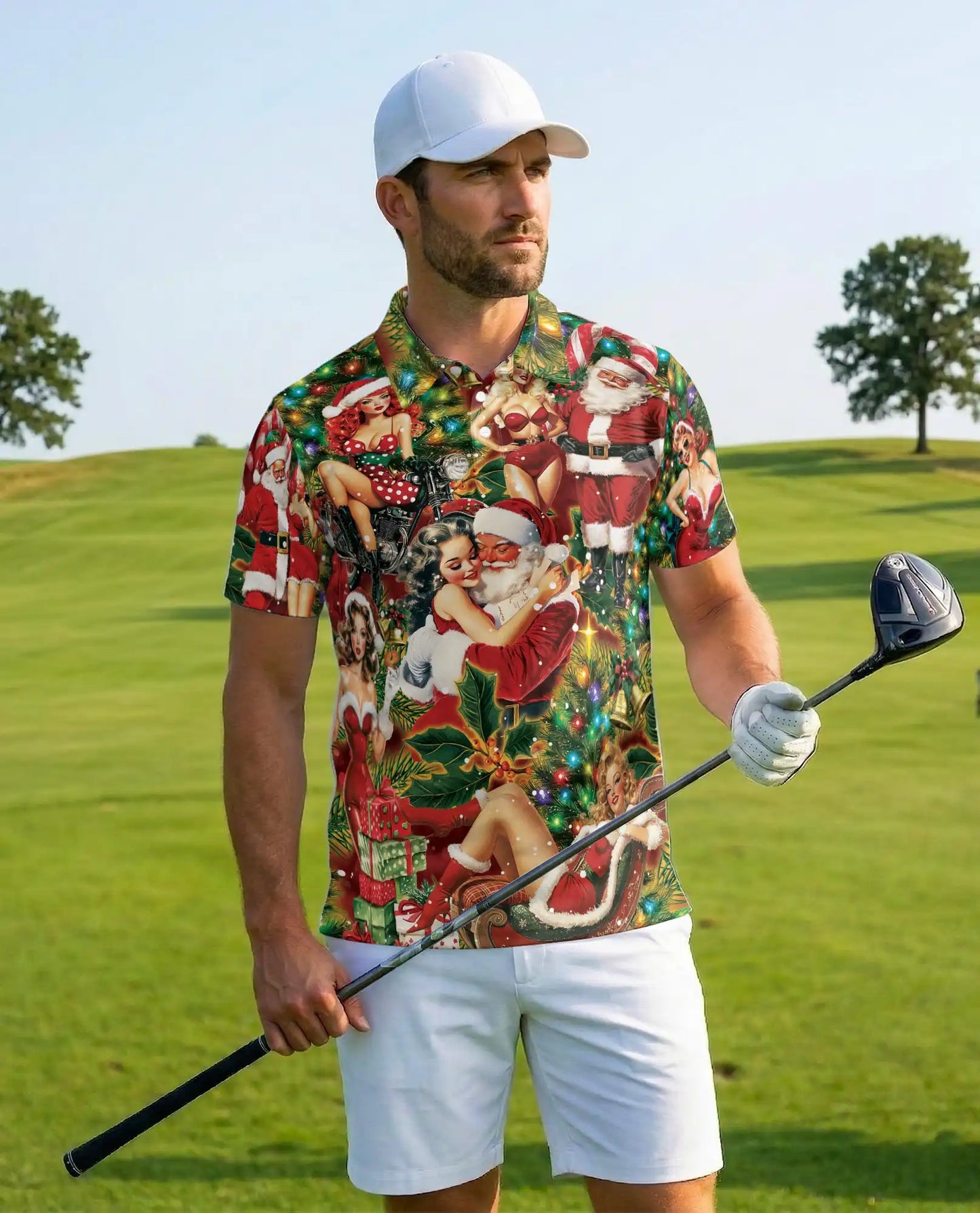 Vintage Santa Pin Up Polo Shirt - Retro Christmas Party Style | Netecom