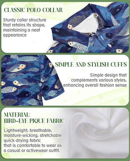 Blue Coastal Fish Polo Shirt for Men- Ocean Fish Pattern | Netecom