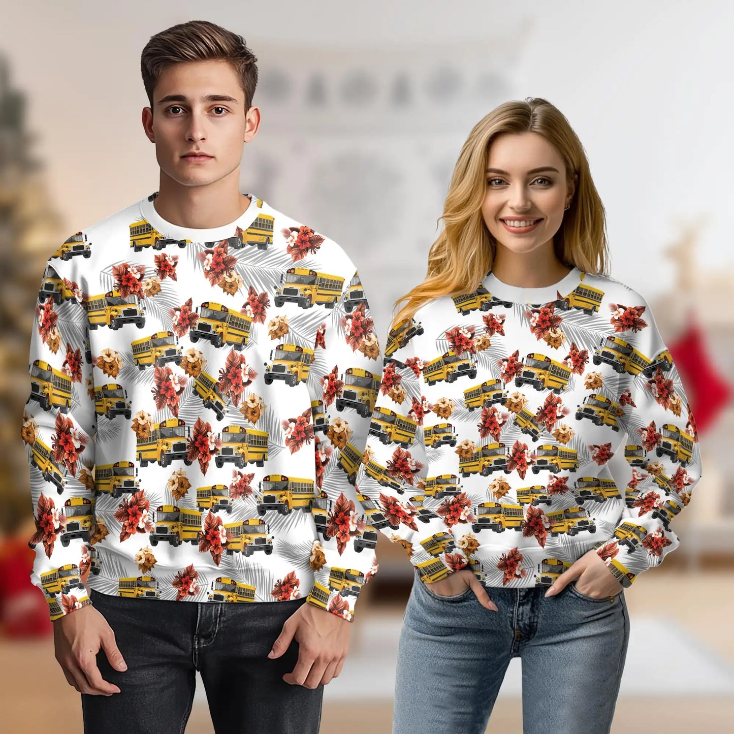 Yellow School Bus Tropical Floral Sweatshirt, 3D All Over Print Summer Travel Crewneck Pullover for Men Women, School Bus Lover Gift - Netecom