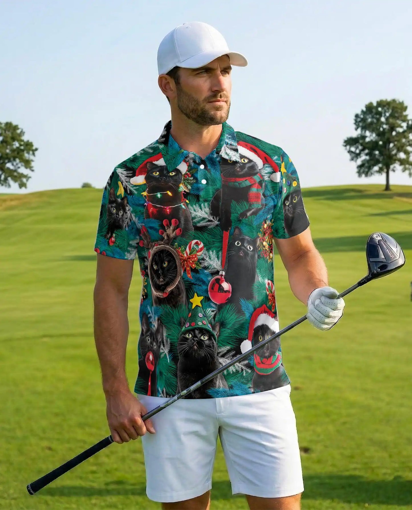 Black Cat Christmas Polo Shirt - Festive Holiday Pet Style | Netecom
