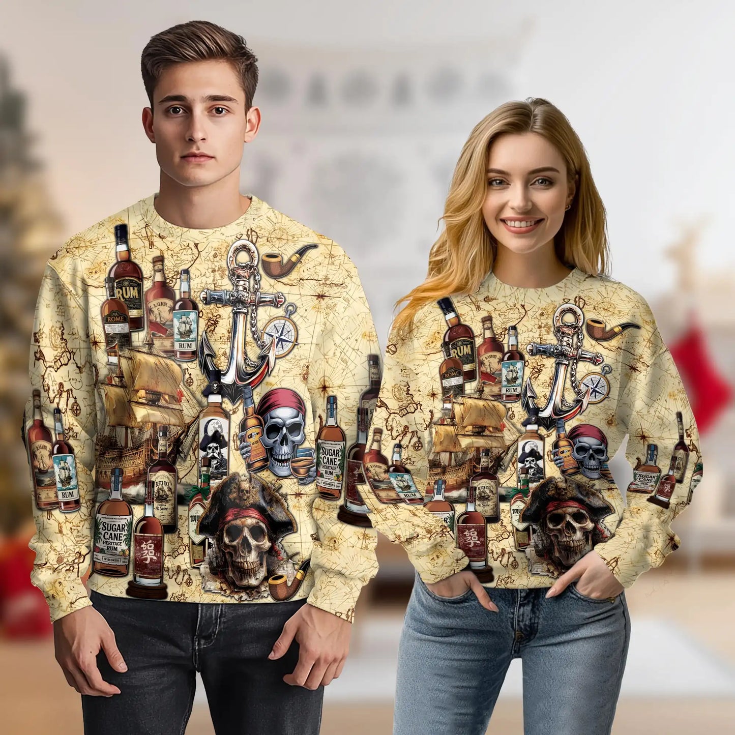 Vintage Pirate Rum Pattern Sweatshirt, 3D All Over Print Nautical Skull Crewneck Pullover for Men Women, Pirate Lover Gift - Netecom