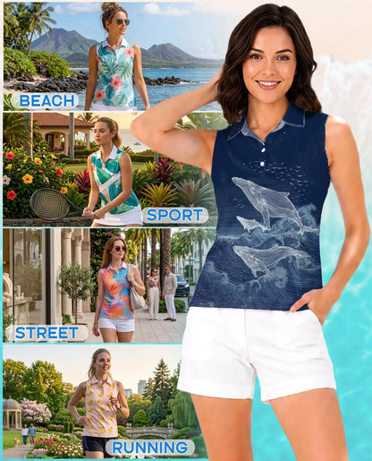 Humpback Whale Ocean Sleeveless Polo Shirt for Women| Netecom