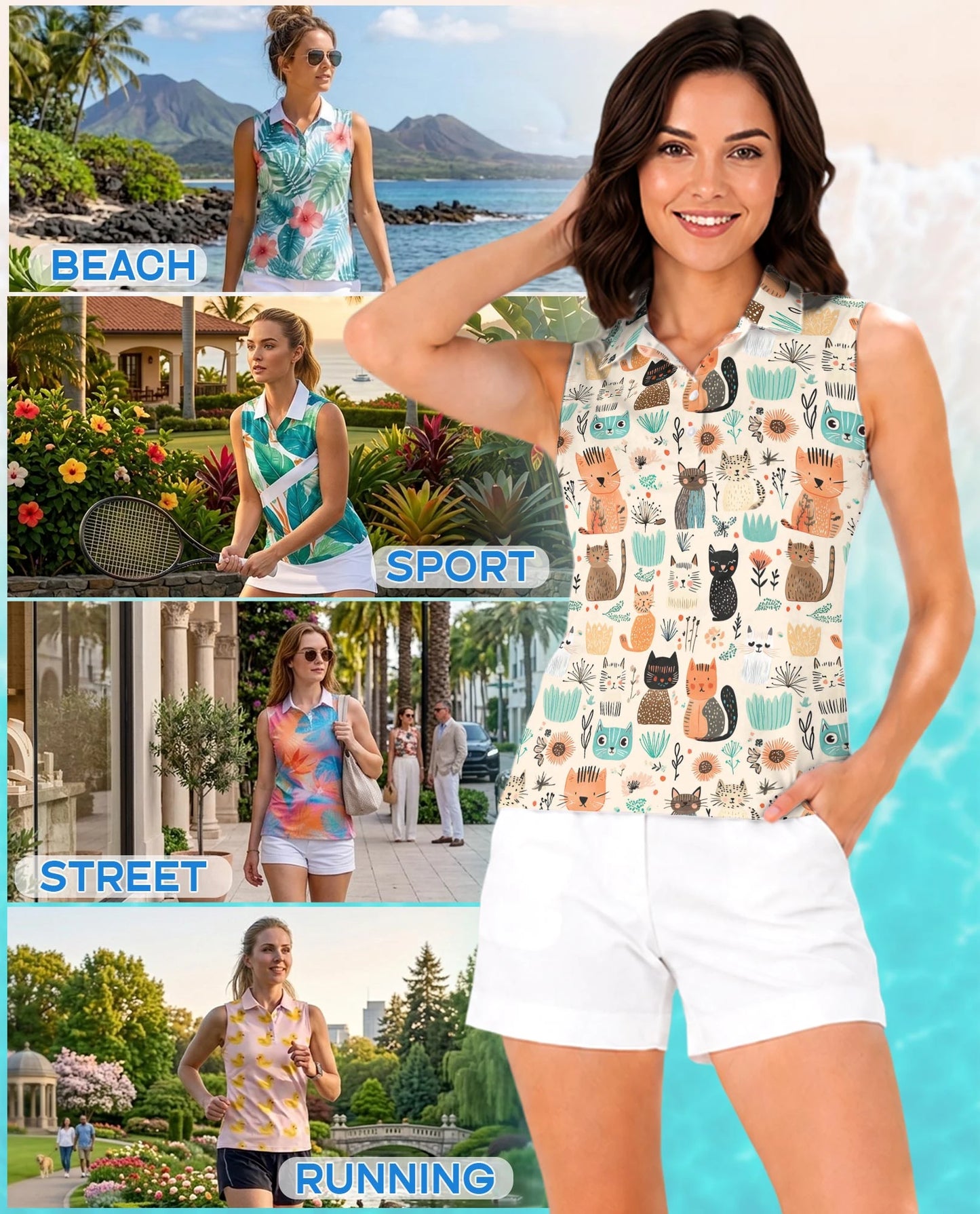 Cat Abstract Trees and Flowers Sleeveless Polo Shirt for Women | Netecom