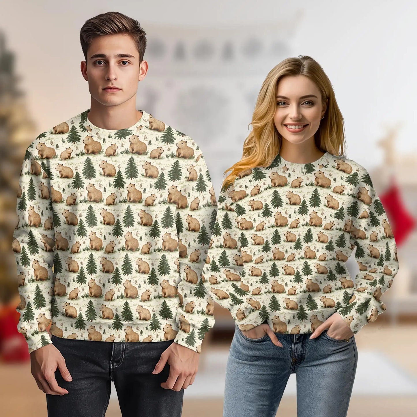 Cute Capybara Forest Pattern Sweatshirt, 3D All Over Print Woodland Animal Crewneck Pullover for Men Women, Capybara Lover Gift - Netecom