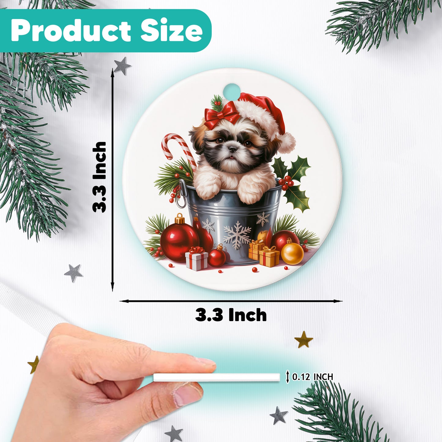 Netecom Cute Shih Tzu in Bucket Ornament, Dog with Santa Hat Ceramic Ornament for Christmas Tree Hanging Decorations Gift, Puppy Lover Gifts, Home Decor, Holiday Party Present