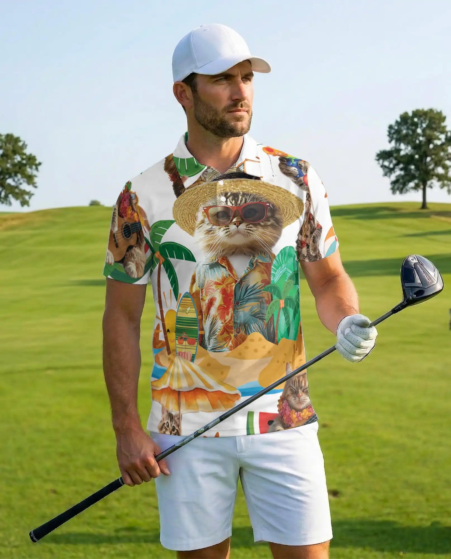 Funny Beach Cat Polo Shirt - Tropical Hawaiian Vacation Kitty Design | Netecom