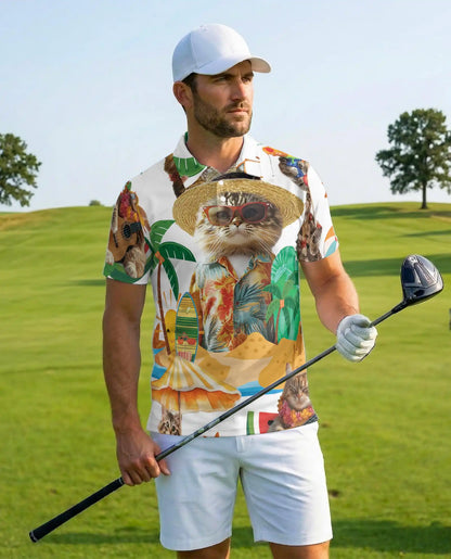 Funny Beach Cat Polo Shirt - Tropical Hawaiian Vacation Kitty Design | Netecom