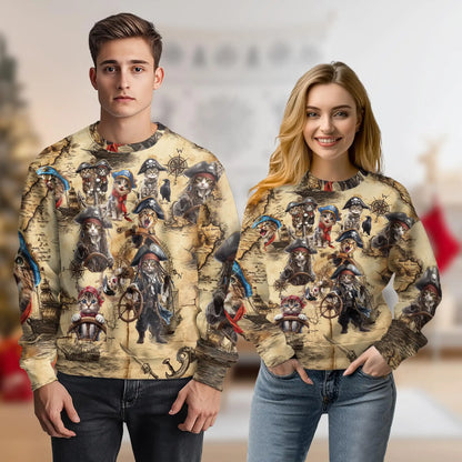 Colorful Pirate Cat Sweatshirt, 3D All Over Print Funny Cat Crewneck Pullover for Men Women, Pirate Cat Lover Gift - Netecom