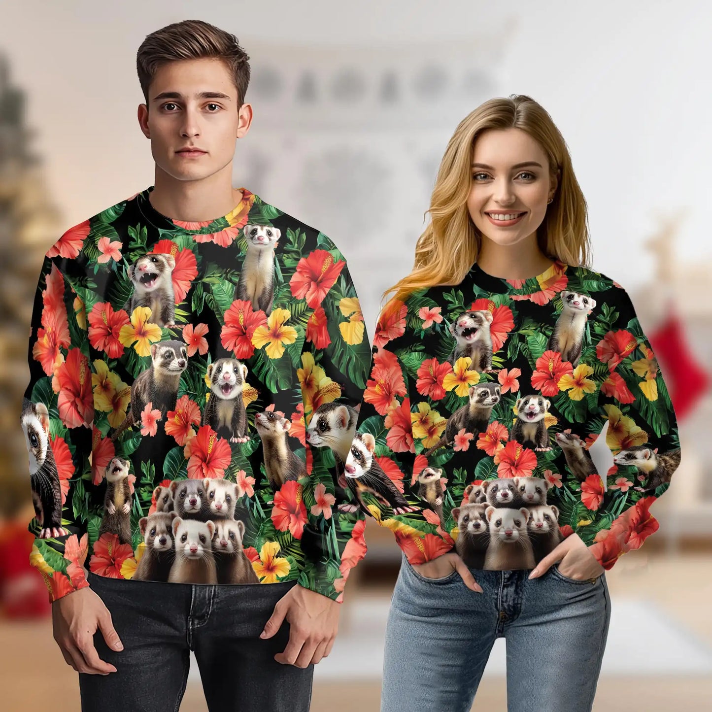 Ferret Tropical Sweatshirt, 3D All Over Print Exotic Pet Crewneck Pullover for Men Women, Ferret Lover Gift - Netecom
