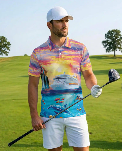 Tropical Cruise Ship Polo Shirt, Ocean Sunset Vacation Style | Netecom