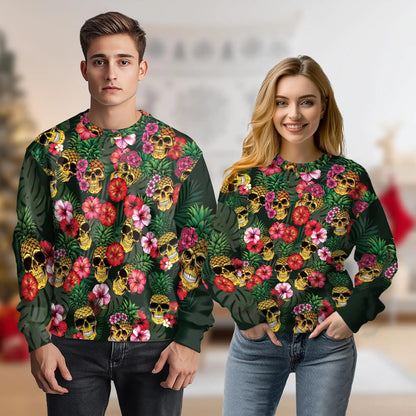 Pineapple Skull Hibiscus Sweatshirt, 3D All Over Print Tropical Floral Skull Crewneck Pullover for Men Women, Island Style Gift - Netecom