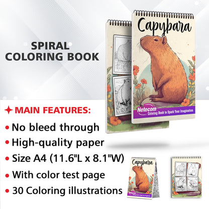 Capybara Spiral Bound Coloring Book, Discover 30 Serene Coloring Pages, Depicting Capybaras Enjoying the Water and Surrounding Wildlife