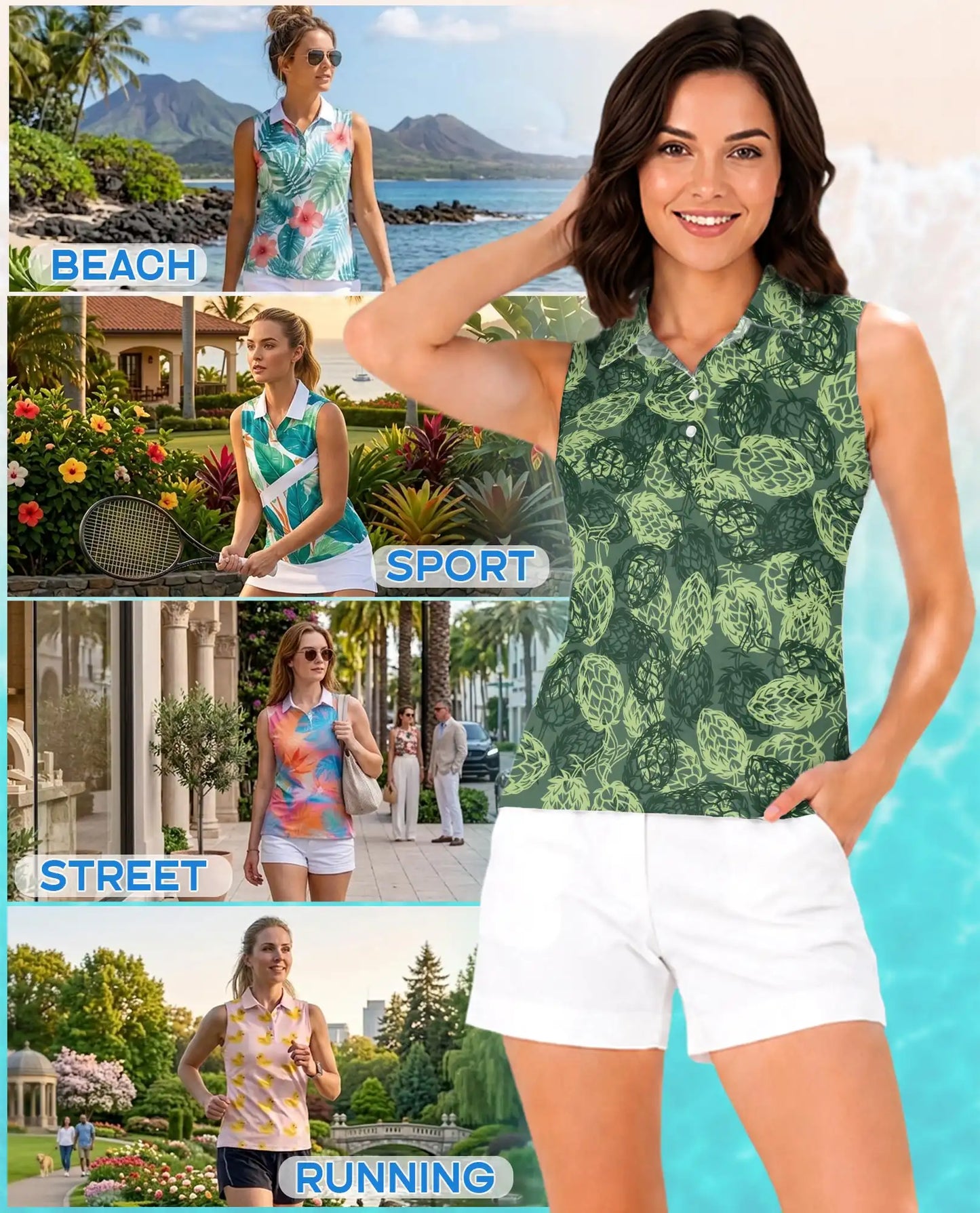 Hops Pattern Sleeveless Polo Shirt for Women – Botanical Craft Style | Netecom