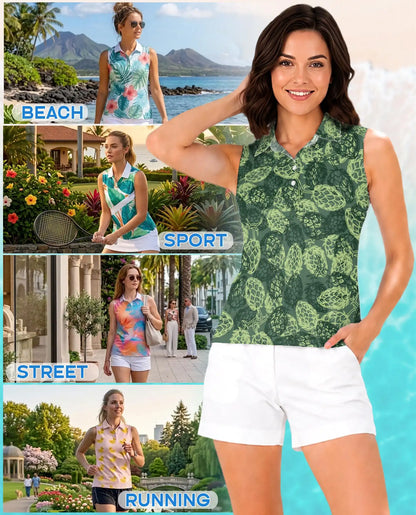 Hops Pattern Sleeveless Polo Shirt for Women – Botanical Craft Style | Netecom