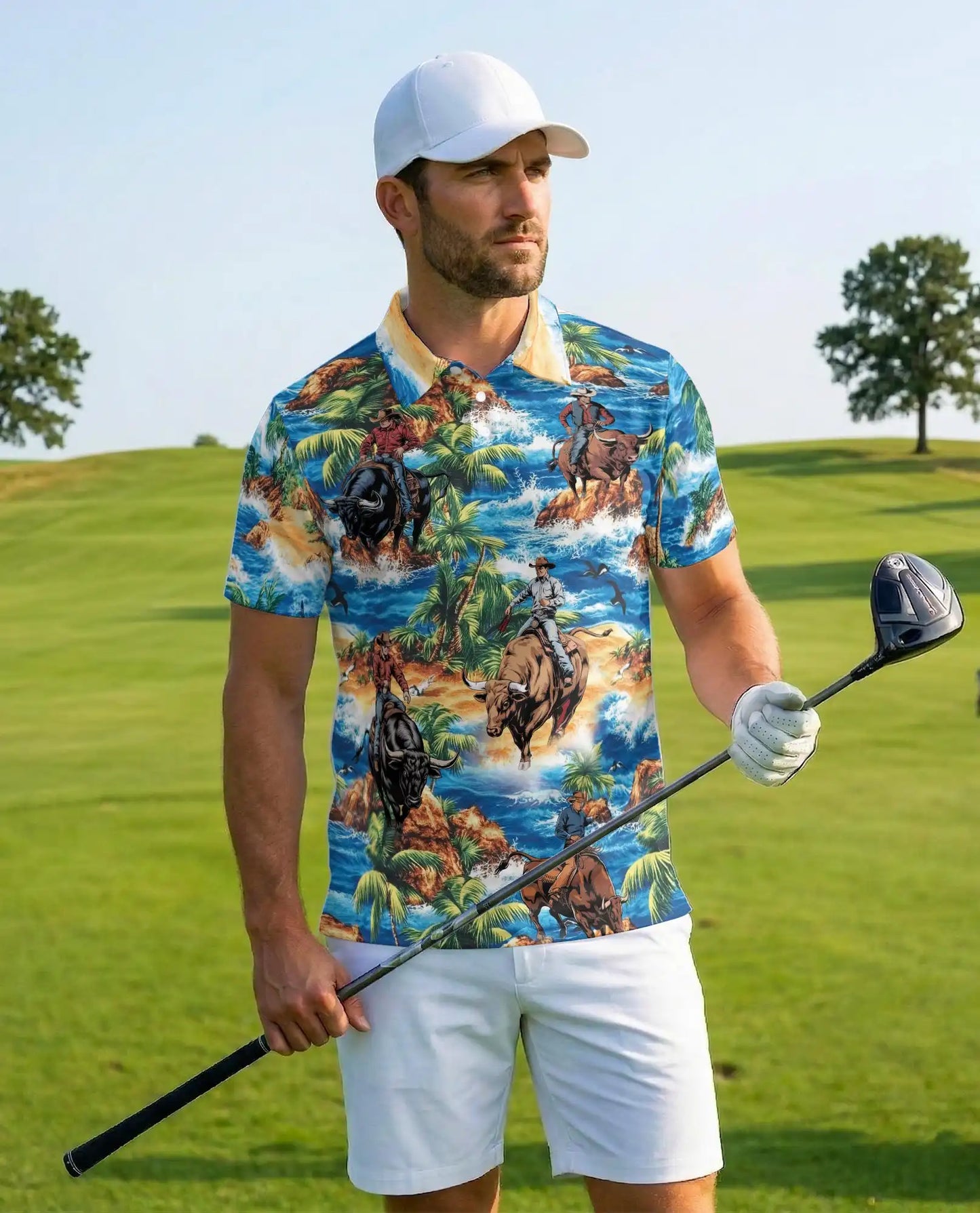 Tropical Rodeo Polo Shirt for Men - Cowboy Bull Riding | Netecom