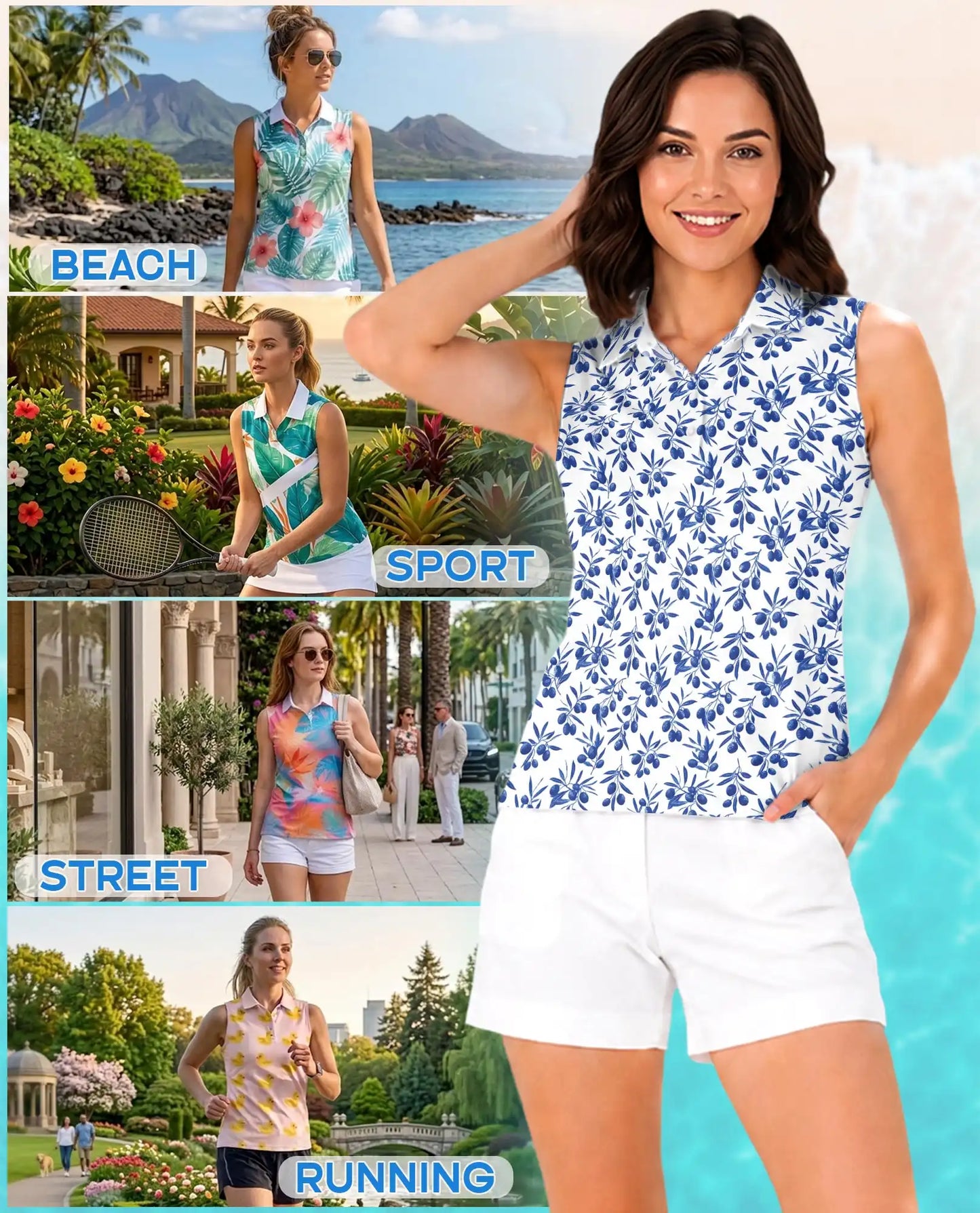 Blue Olive Branch Print Sleeveless Polo Shirt for Women | Netecom