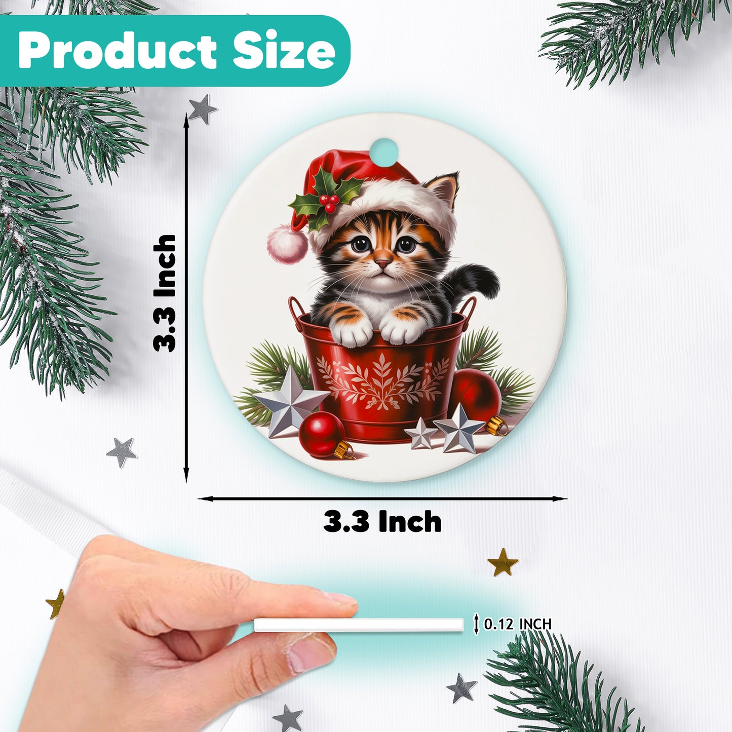 Netecom Cute Cat in Bucket Ornament, Cat with Santa Hat Ceramic Ornament for Christmas Tree Hanging Decorations Gift, Pet Lover Gifts, Home Decor, Holiday Party Present