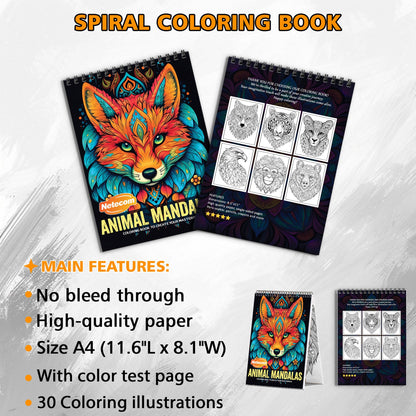 Animal Mandalas Spiral Bound Coloring Book, Intricate Animal Mandalas for Mindful Coloring, Ideal for Animal Lovers and Fans of Meditative Art