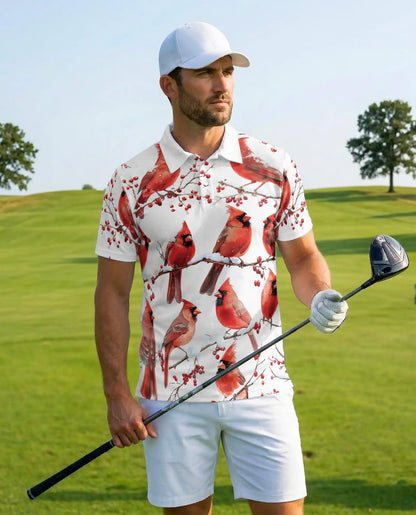 Red Cardinal Polo Shirt - Winter Songbird Nature Style | Netecom