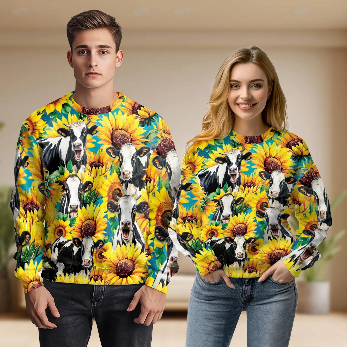 Cow Sunflower Sweatshirt, 3D All Over Print Farm Animal Floral Crewneck Pullover for Men Women, Cow Lover Gift - Netecom