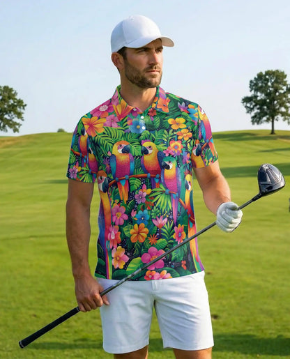 Rainbow Parrot Hawaiian Polo Shirt Tropical Bird Floral Design | Netecom