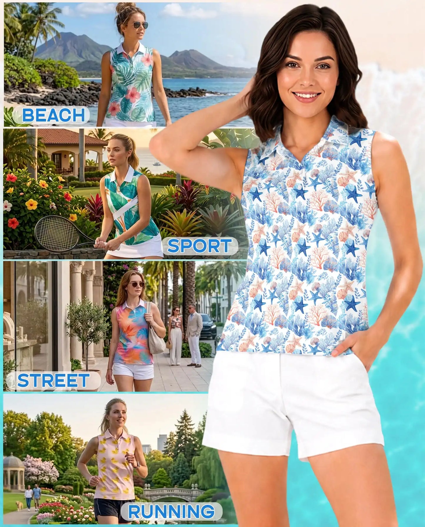 Starfish And Coral Sleeveless Polo Shirt for Women – Ocean Tropical Style | Netecom