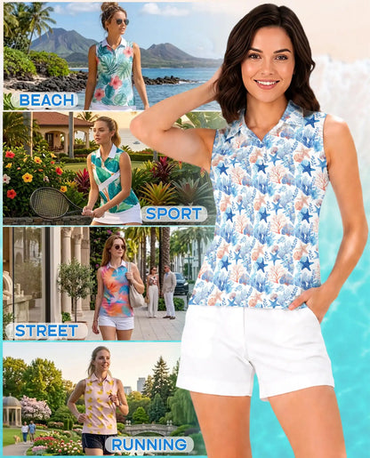 Starfish And Coral Sleeveless Polo Shirt for Women – Ocean Tropical Style | Netecom