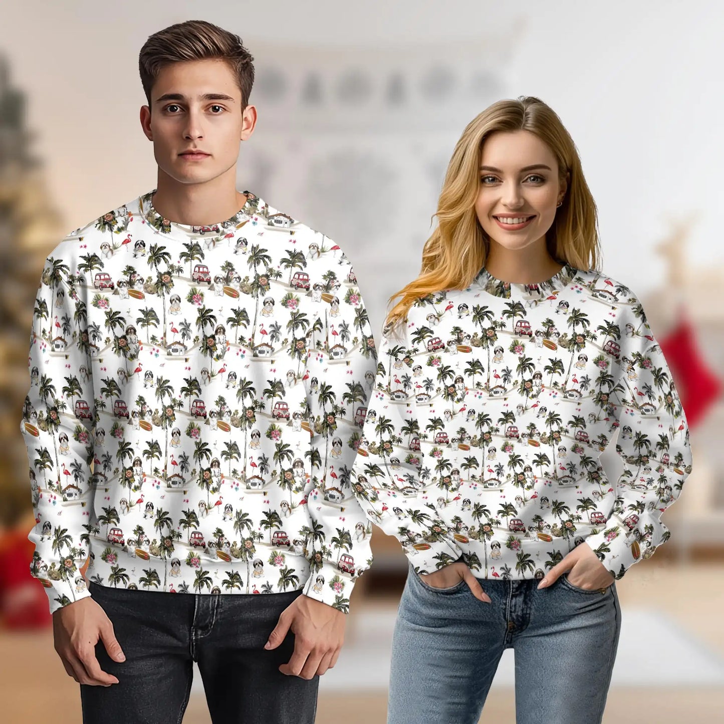 Shih Tzu Vintage Camper Flamingo Sweatshirt, 3D All Over Print Tropical Dog Adventure Crewneck Pullover for Men Women, Shih Tzu Lover Gift - Netecom