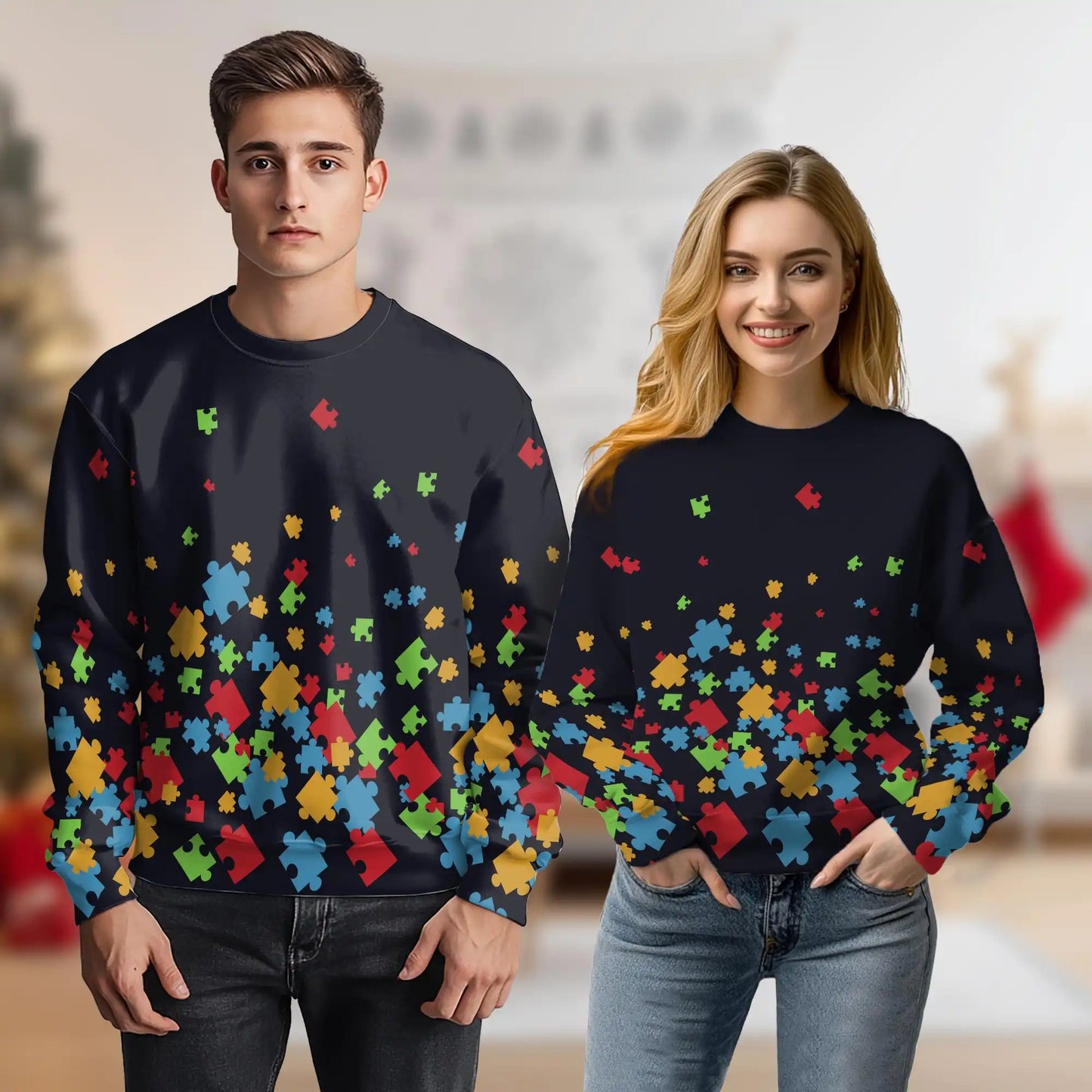 Autism Awareness Black Sweatshirt, 3D All Over Print Puzzle Heart Crewneck Pullover for Men Women, Autism Support Gift - Netecom