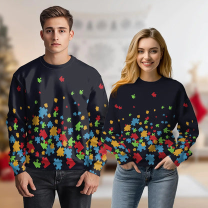 Autism Awareness Black Sweatshirt, 3D All Over Print Puzzle Heart Crewneck Pullover for Men Women, Autism Support Gift - Netecom
