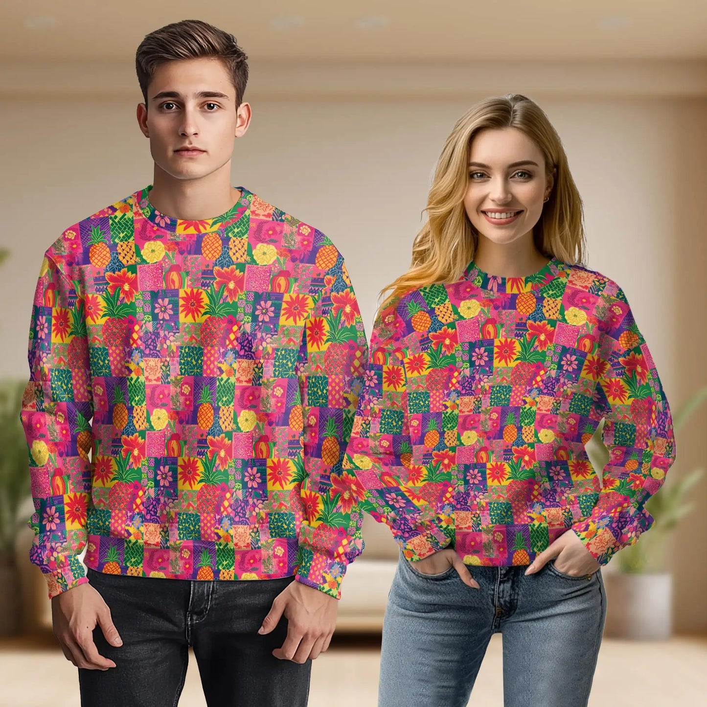 Pineapple Colorful Sweatshirt, 3D All Over Print Tropical Fruit Crewneck Pullover for Men Women, Pineapple Lover Gift - Netecom