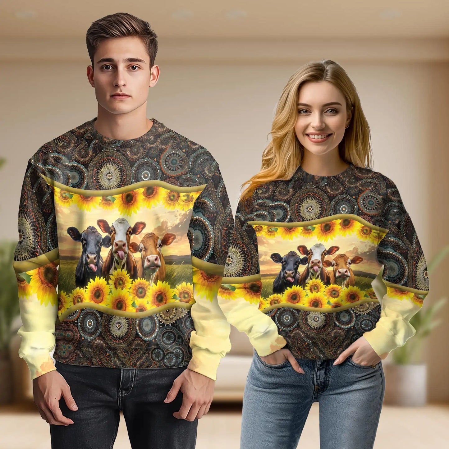 Sunflower Cattle Sweatshirt, 3D All Over Print Floral Cow Crewneck Pullover for Men Women, Cattle Lover Gift - Netecom