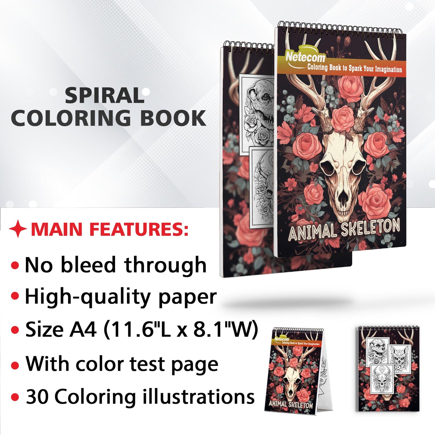 Animal Skeleton Spiral Bound Coloring Book, Unleash Your Artistic Talents in the Animal Skeleton Coloring Book with 30 Charming Coloring Pages for Coloring Enthusiasts to Embrace the Graceful Interplay of Skeletal Forms and Floral Designs