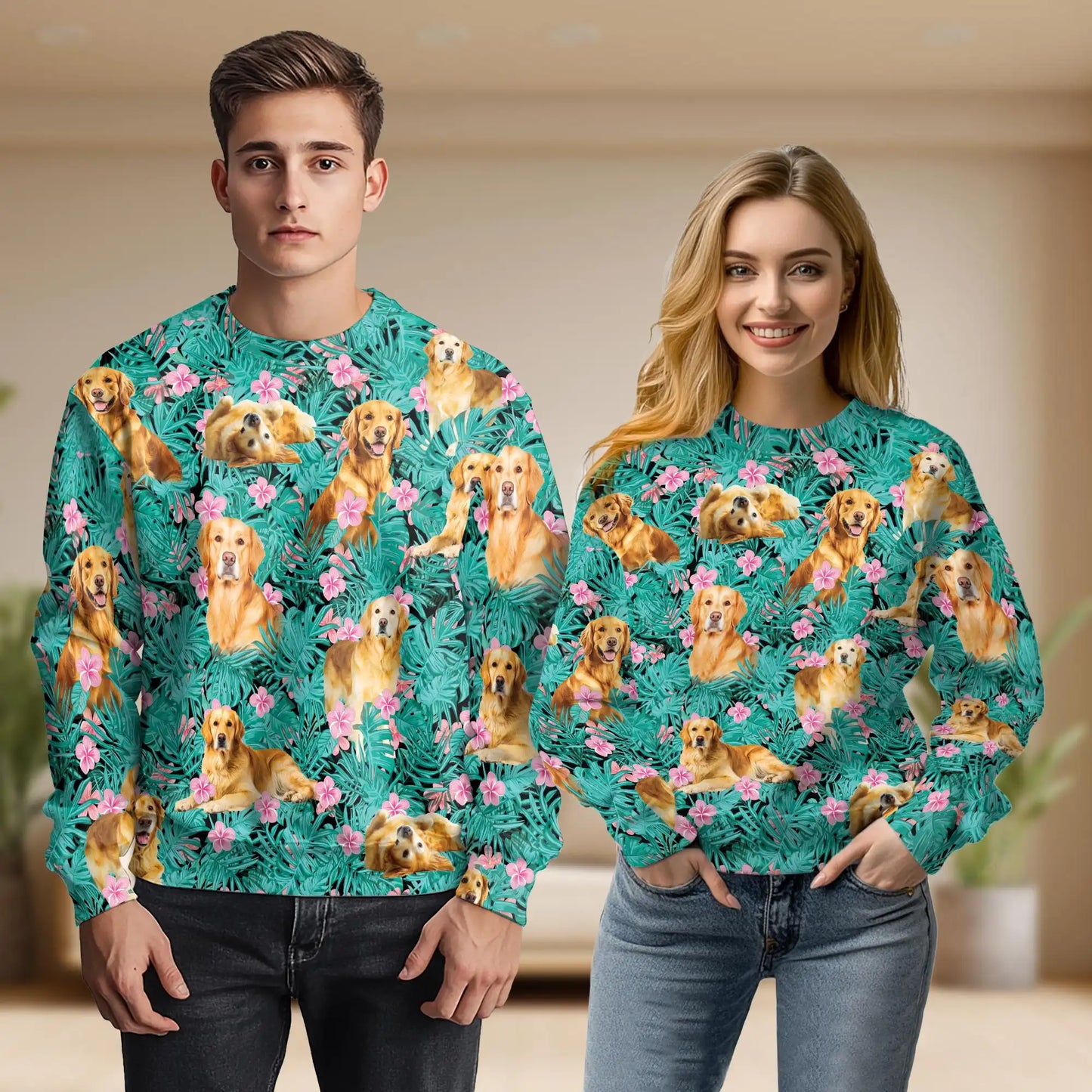 Palm Leaves Golden Retriever Sweatshirt, 3D All Over Print Tropical Dog Crewneck Pullover for Men Women, Golden Retriever Lover Gift - Netecom