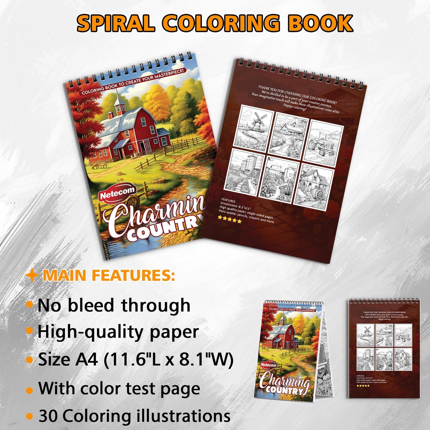 Charming Country Spiral Bound Coloring Book, Picturesque Country Scenes for a Delightful Artistic Escape, Perfect for Those Seeking Rural Charm