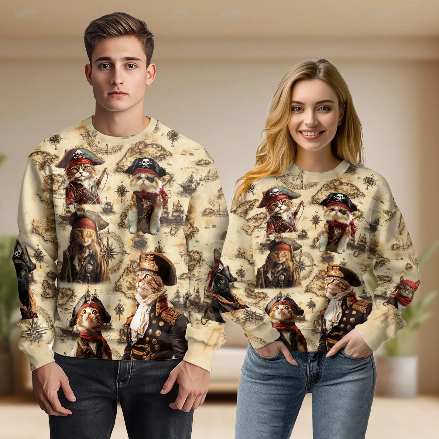 Cat Pirate All Over Print Sweatshirt, 3D All Over Print Nautical Adventure Crewneck Pullover for Men Women, Pirate Cat Lover Gift - Netecom