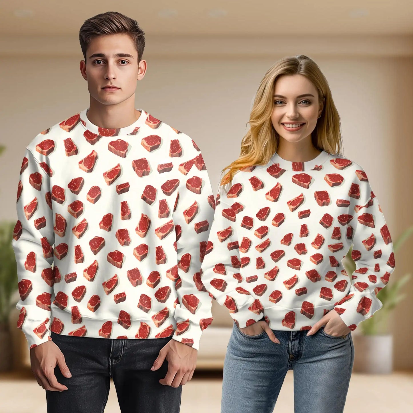 Steak Pattern Sweatshirt, 3D All Over Print Grilled Steak Food Crewneck Pullover for Men Women, Steak Lover Gift - Netecom