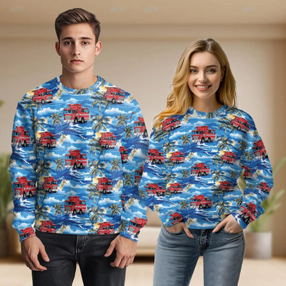Firefighter Truck Blue Palm Tree Sweatshirt, 3D All Over Print Rescue Vehicle Tropical Crewneck Pullover for Men Women, Firefighter Gift - Netecom