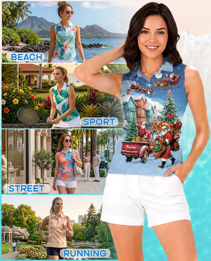Stay Cool Santa Claus Christmas Sleeveless Polo Shirt for Women | Netecom