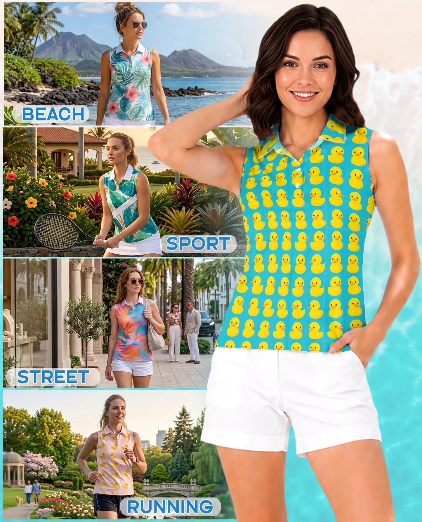 Cute Duck Print Sleeveless Polo Shirt for Women – Adorable Animal Style | Netecom