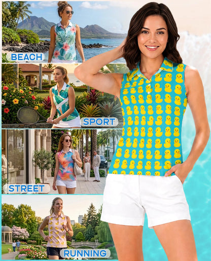 Cute Duck Print Sleeveless Polo Shirt for Women – Adorable Animal Style | Netecom