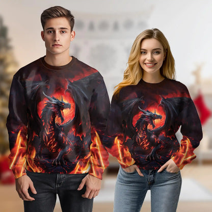 Mythical Dragon Sweatshirt, 3D All Over Print Fantasy Dragon Crewneck Pullover for Men Women, Dragon Lover Gift - Netecom