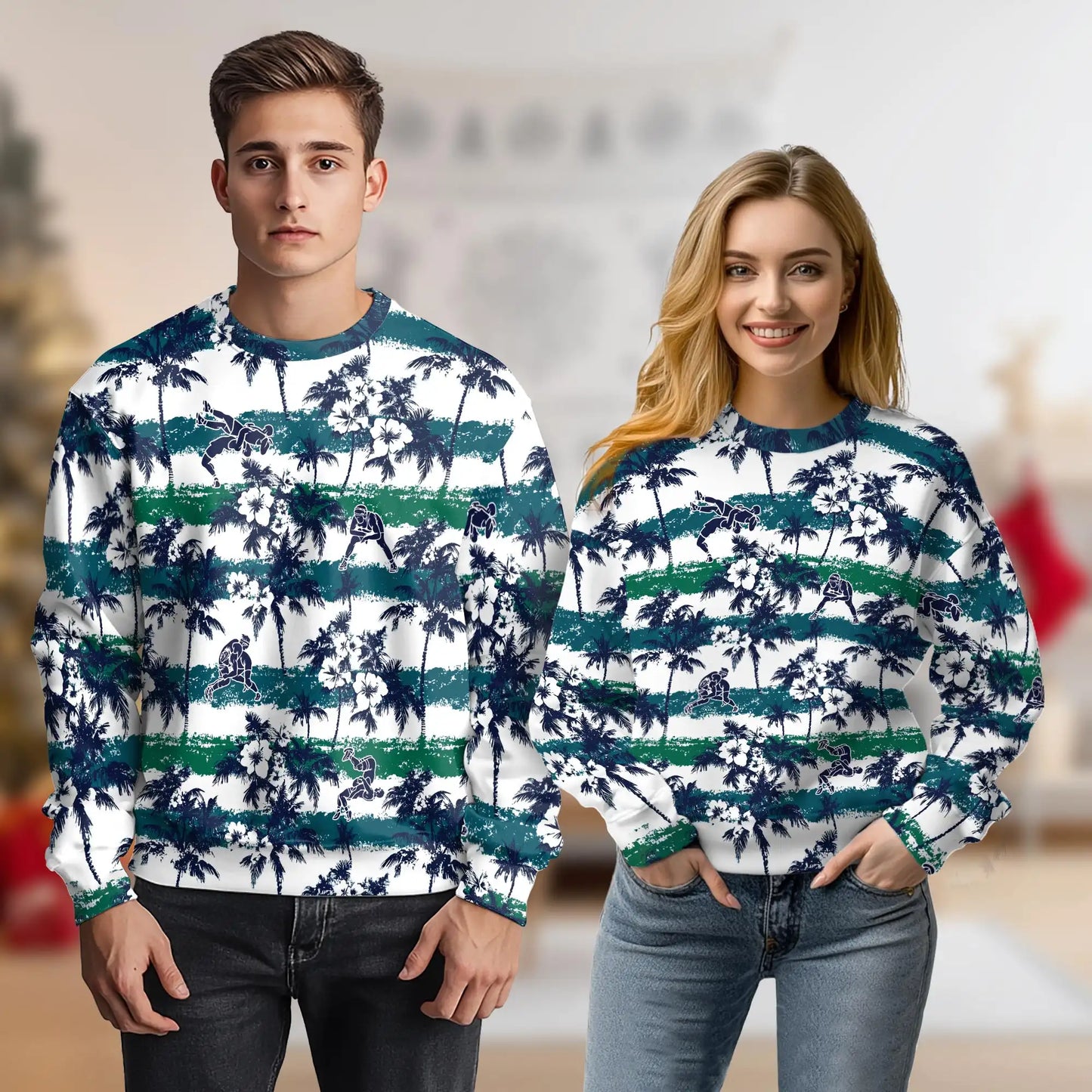 Wrestling Palm Tree Sweatshirt, 3D All Over Print White Tropical Wrestling Crewneck Pullover for Men Women, Wrestler Gift - Netecom