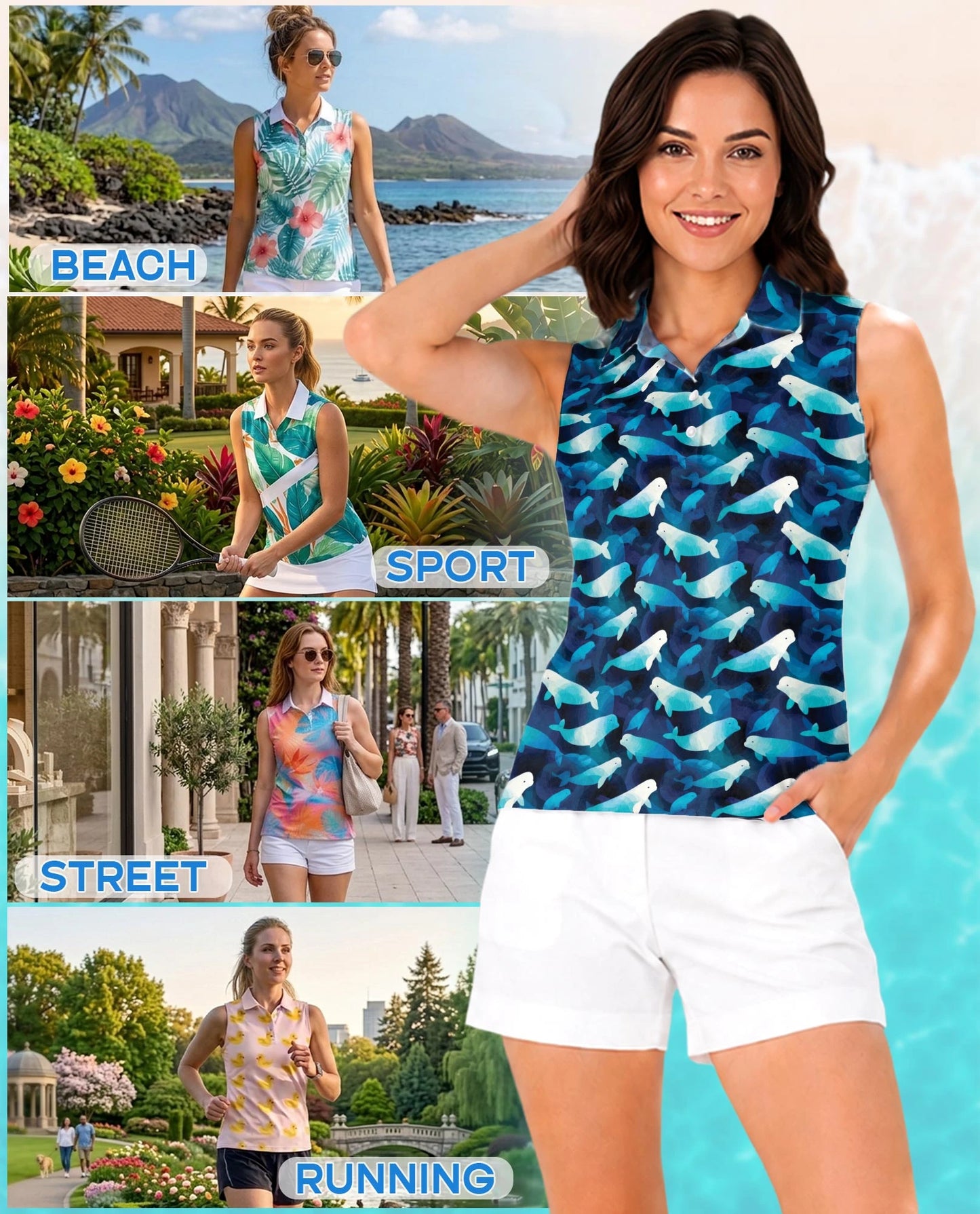 Beluga Whales Sleeveless Polo Shirt for Women – Ocean Animal Style | Netecom