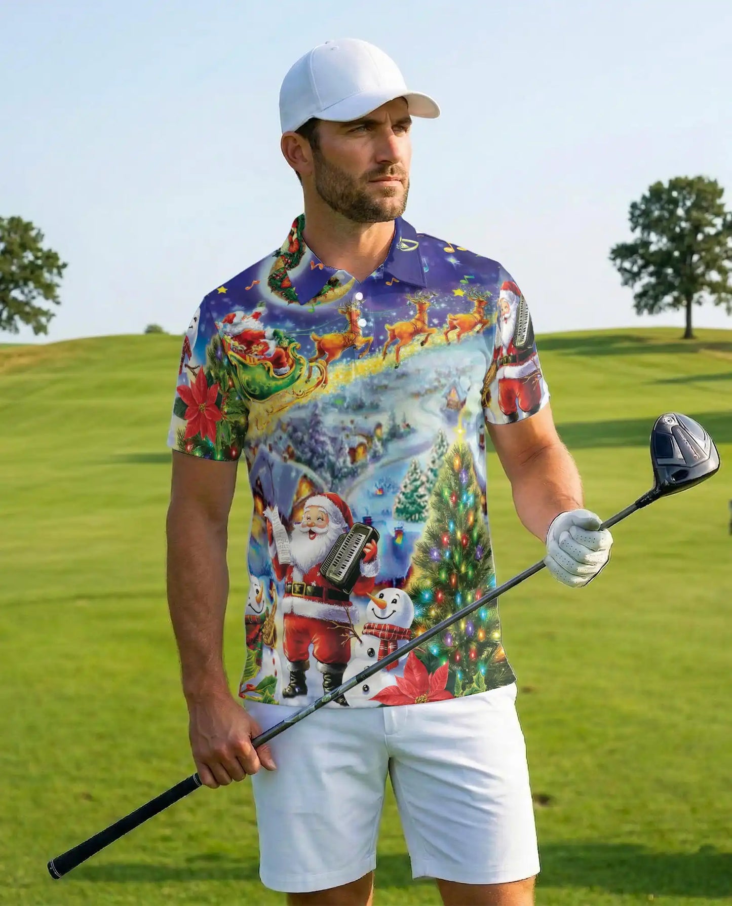 Musical Santa Christmas Polo Shirt for Men - Reindeer Sleigh Xmas | Netecom