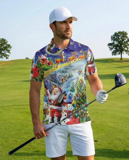 Musical Santa Christmas Polo Shirt for Men - Reindeer Sleigh Xmas | Netecom